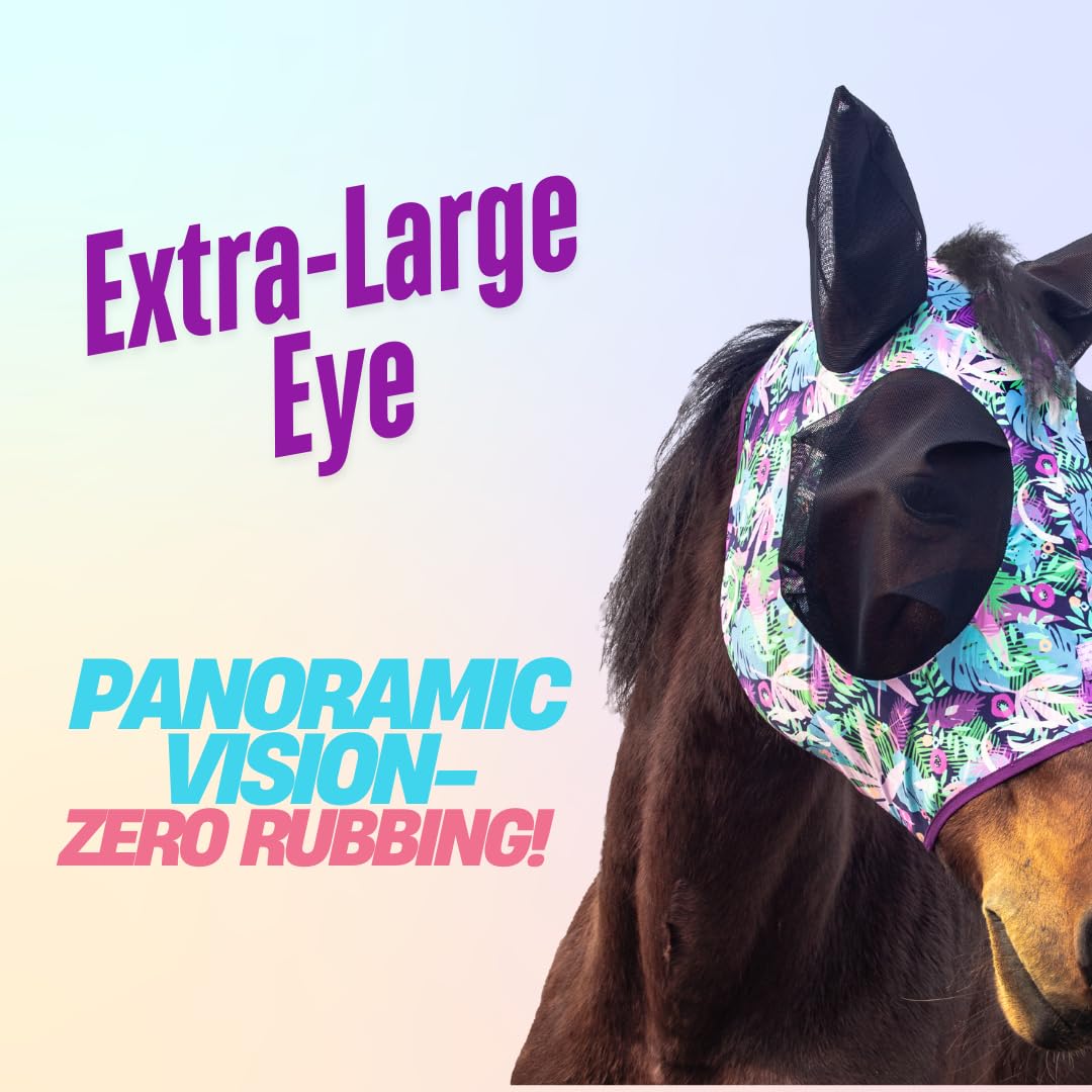 Horzmetnex Stretchy Horse Fly Mask with Ears,Extra-Large Eyes & Mane Opening - Soft, Breathable Fly Mask for Horses, Tangle-Free