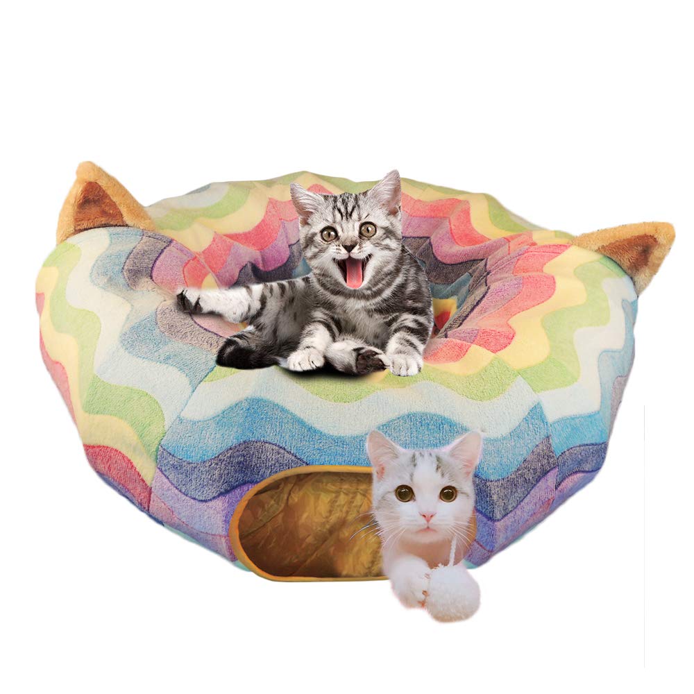 Homeya Cat Tunnel Bed With Mat,Collapsible 3 Way Cat Play Tube Condo Toy With Peek Hole Fun Ball Indoor Outdoor Soft Hideout Exe