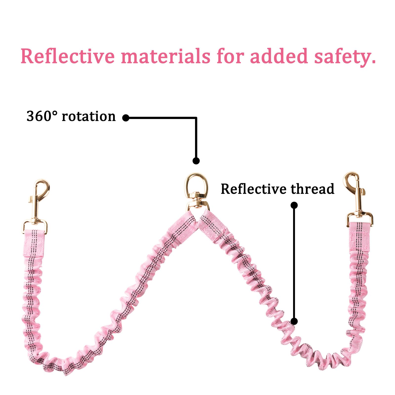 Dual Dog Leash,Double Dog 360 Swivel No Tangle Walking Leash,Comfortable Shock Absorbing Reflective Bungee For Two Dogs(Pink)