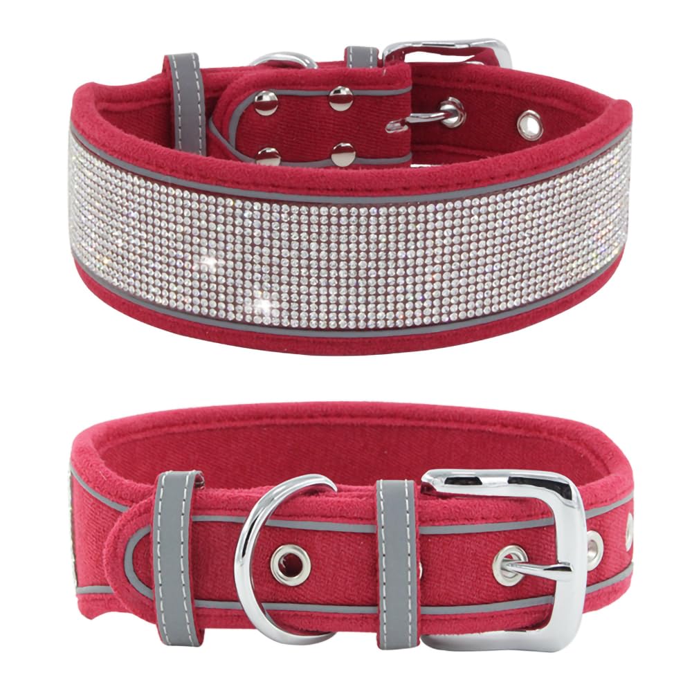 Bling Diamond Dog Collar For Females Girls,Soft Velvet Leather With Fancy Sparkly Crystal Rhinestones,Reflective Stripe,Suit Med