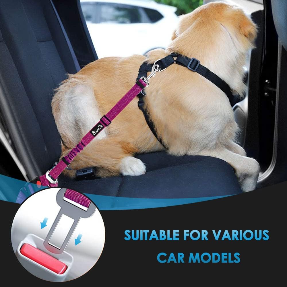 Slowton Dog Seat Belt, 2 Pack Harness Seatbelt Adjustable With Elastic Bungee Buffer, 2 In 1 Pet Car Leash Headrest Restraint Re
