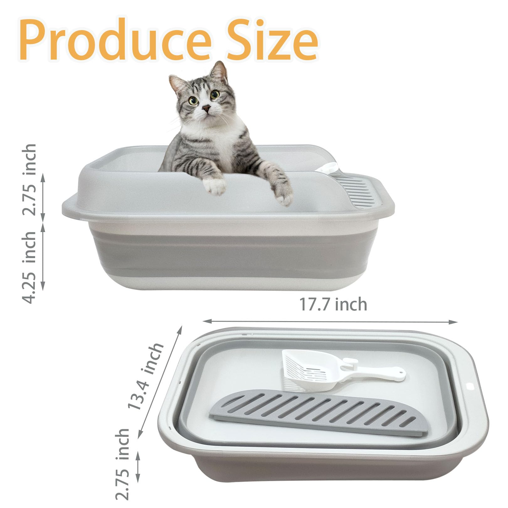 Collapsible Kitten Litter Box, Open High Sided Cat Potty Pan With Scoop Shallow Cat Toilet Anti-Splashing Low Entrance Travel Li