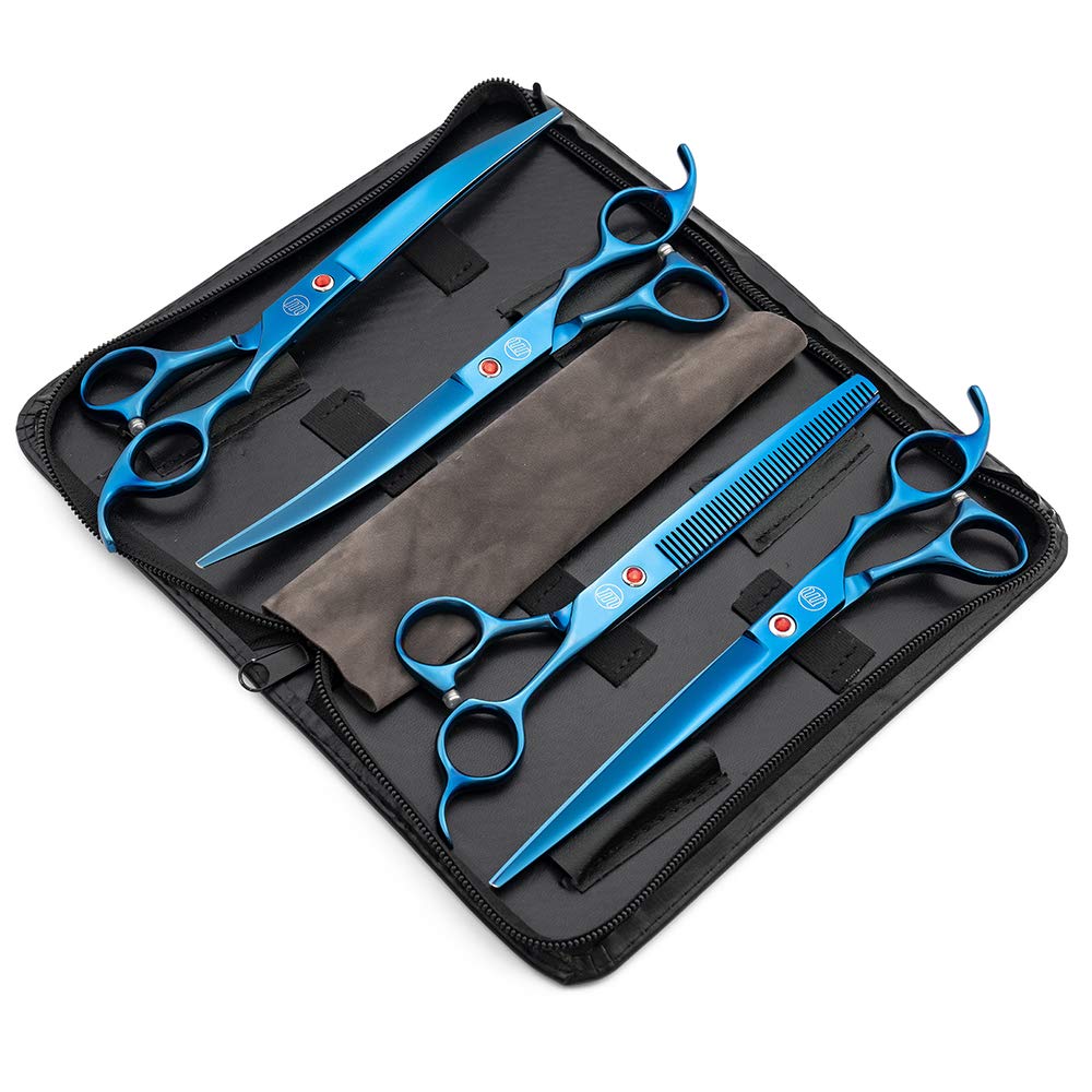 Moontay Professional 8.0' Dog Grooming Scissors Set, 4-Pieces Straight, Upward Curved, Downward Curved, Thinning/Blending Shears For Dog, Cat And Pets, Jp Stainless Steel, Blue