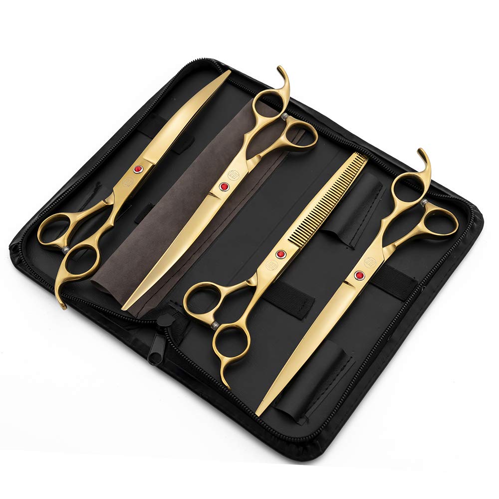Moontay Professional 8.0' Dog Grooming Scissors Set, 4-Pieces Straight, Upward Curved, Downward Curved, Thinning/Blending Shears For Dog, Cat And Pets, Jp Stainless Steel, Gold