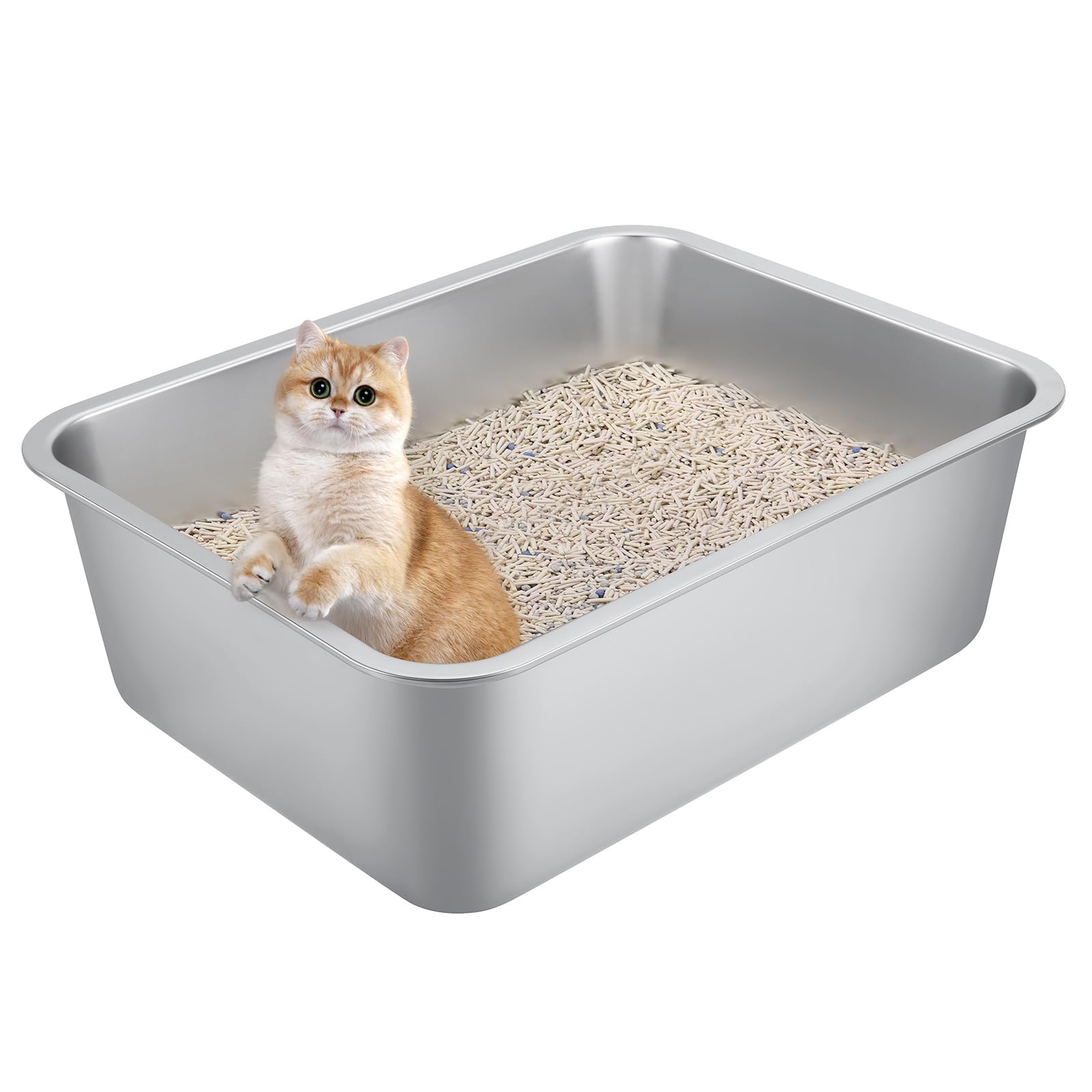 Stainless Steel Cat Litter Box For Large Cats - 17.5''X13.6''X6.1'' High-Sided Metal Tray, Anti-Splash & Odor Resistant, Durable