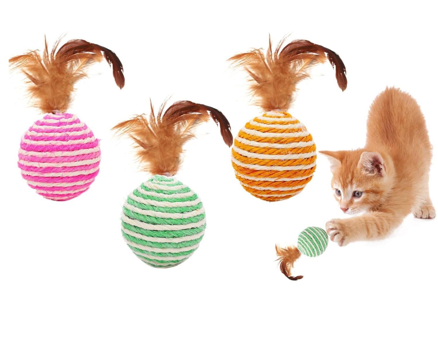 Psk Pet Mart Sisal & Feather Eco Cat Toy Interactive Ball Cat Scratch Sisal Ball Toy Color May Vary (2 Pcs Pack)