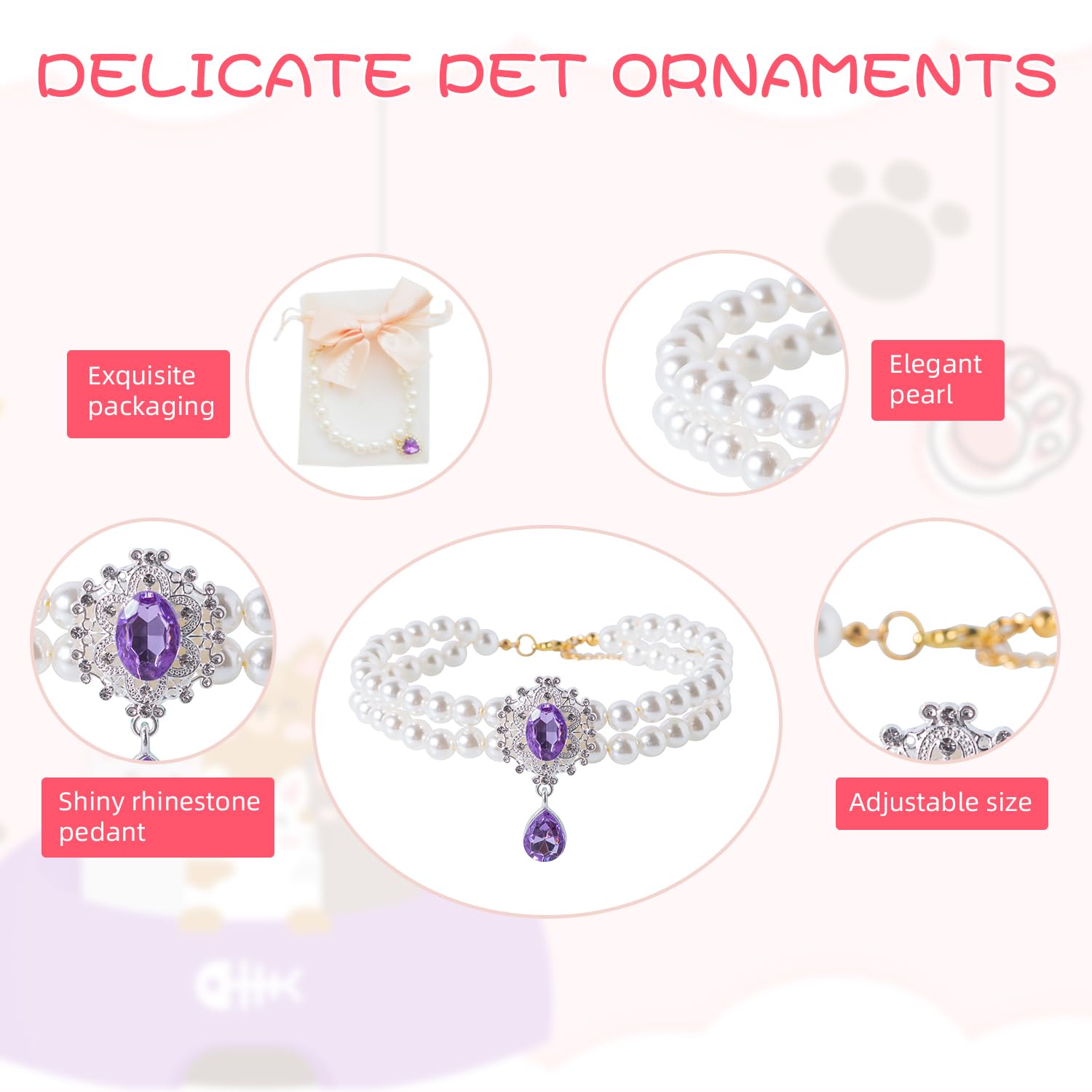 Daovace 2 Row Pearls Collar For Cats Pearl Dog Collar Rhinestone Necklaces For Small Dogs Collar Accessories Cat Pearl Collar (S