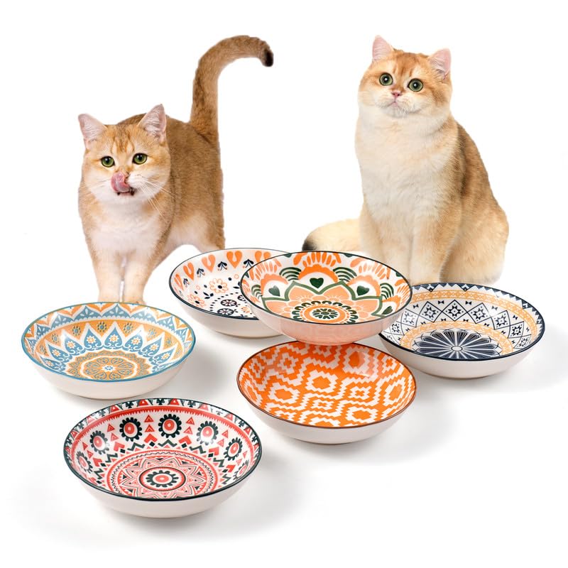 Ceramic Cat Bowls For Indoor Cats & Kittens, Whisker Friendly 5.5 Inch Shallow Plates, Set Of 6 Cute Pet Feeding Dishes For Wet 