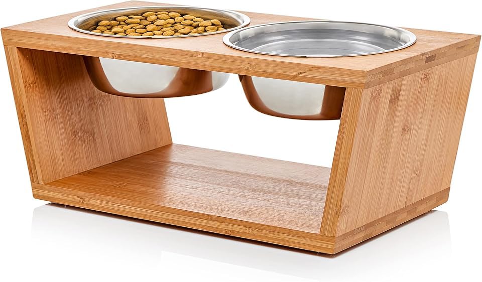 Pawfect Pets Elevated Dog Bowl Stand- 7 Raised Pet Feeder for Medium Dogs with Four Stainless Steel Bowls.