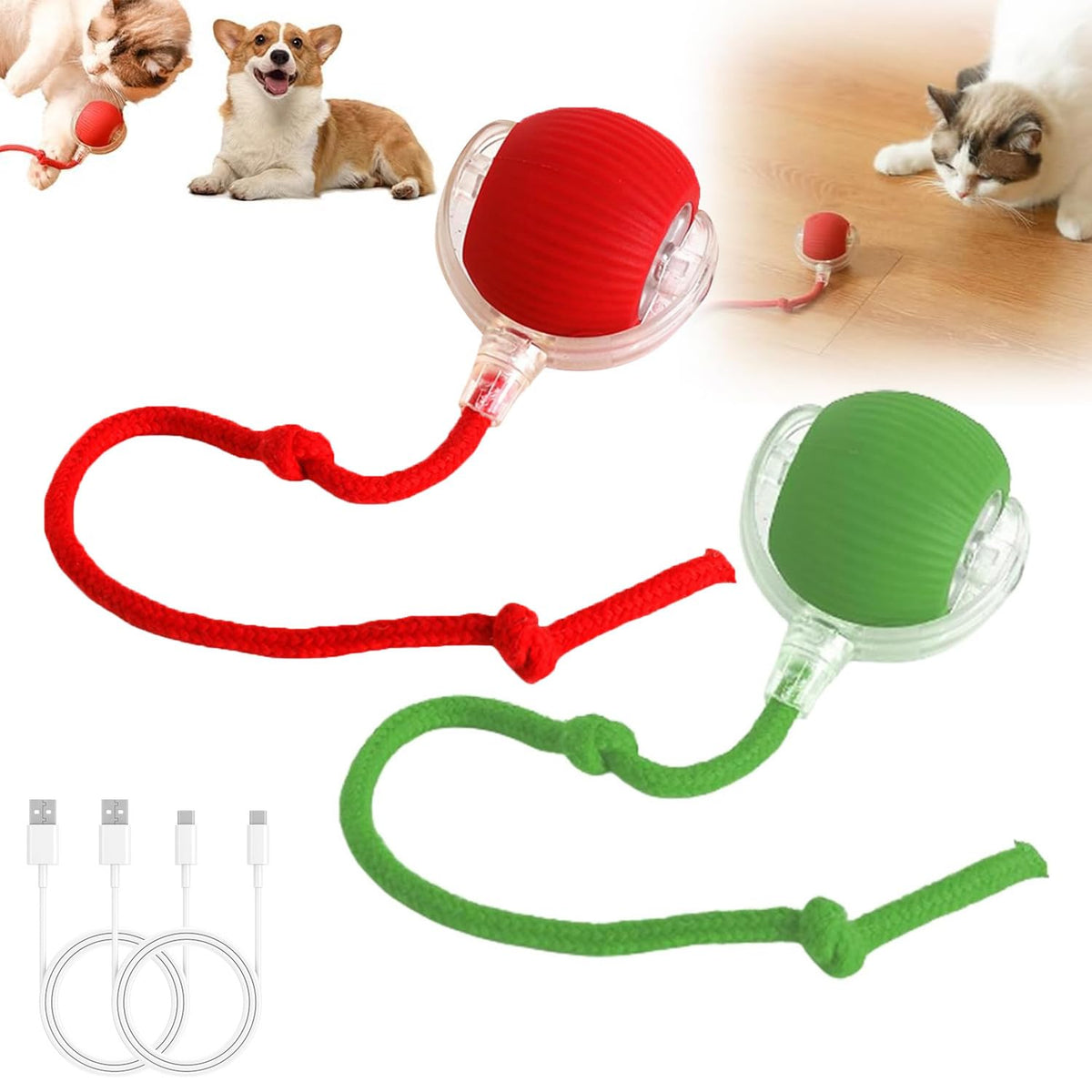 2Pc Interactive Cat Toys,360  Fully Automatic Dogs & Cats Smart Rolling Ball,Durable And Rechargeable(Green+Red)
