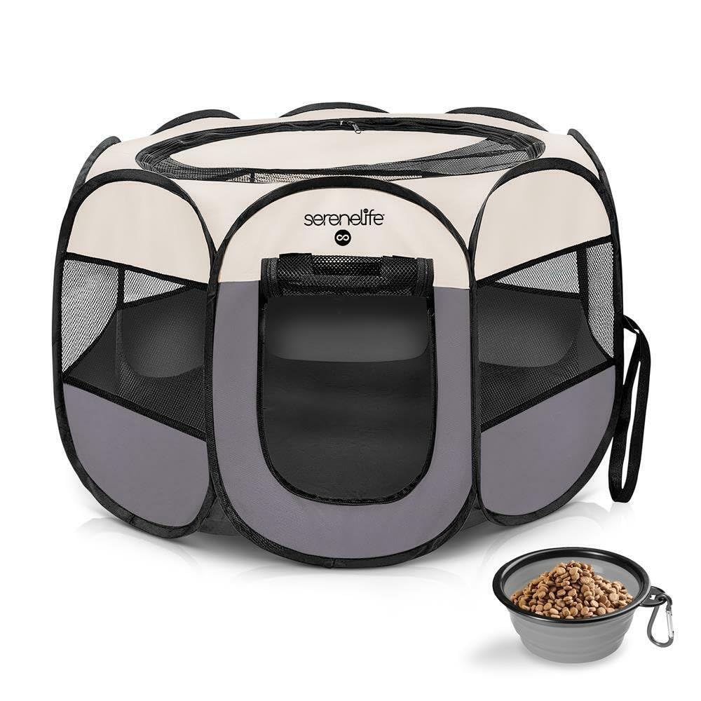 SereneLife On-The-Go Foldable Portable Pet Tent 8-Panel Playpen for Dog & Cat w/Food/Water Bowl, Mesh Exercise Puppy Playground,