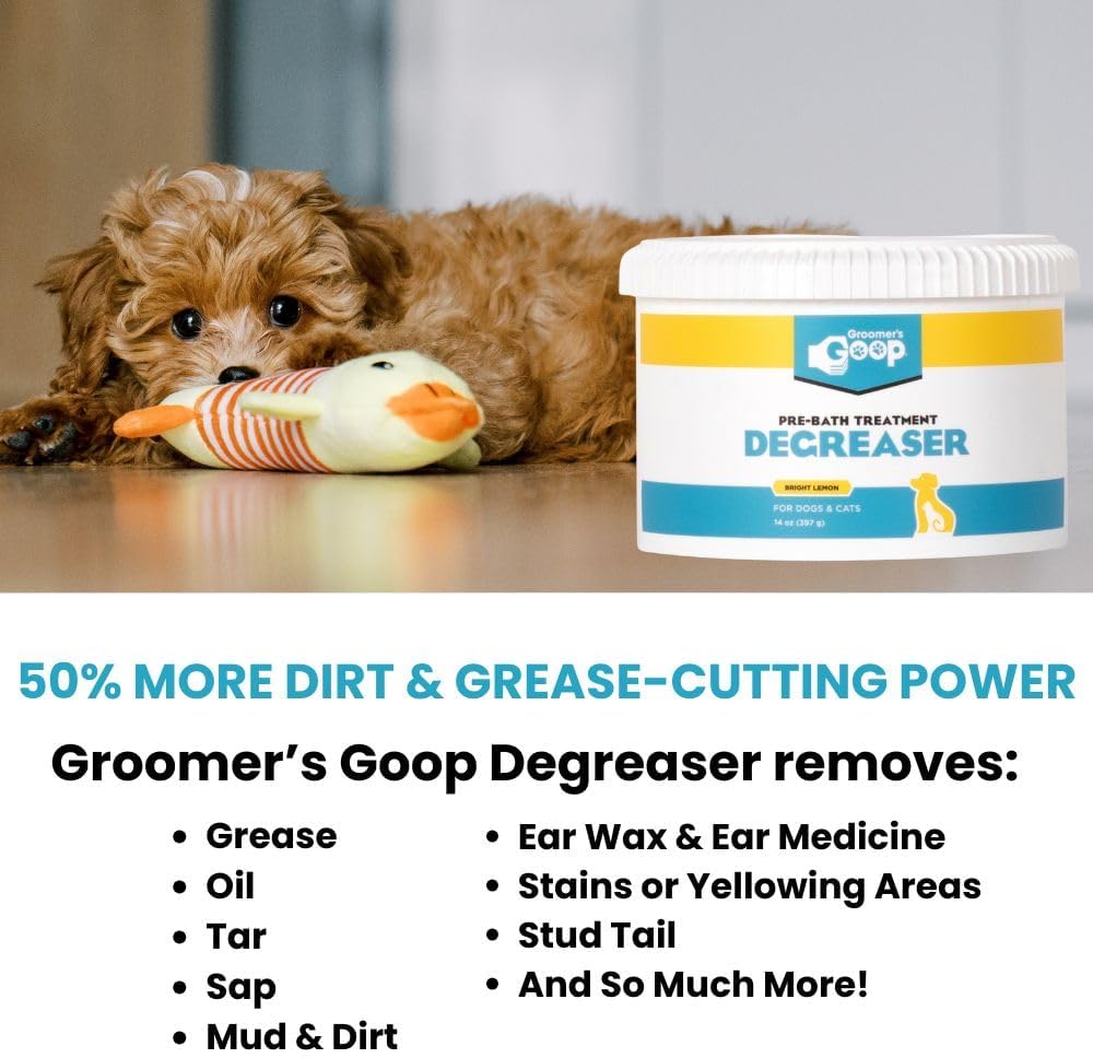 Groomer’s Goop Pre-Bath Pet Degreaser Treatment - Professional Strength Formula Removes Tough Oil & Grime from Dog & Cat Coats, Conditions Skin, Dye-Free - 14 oz Can