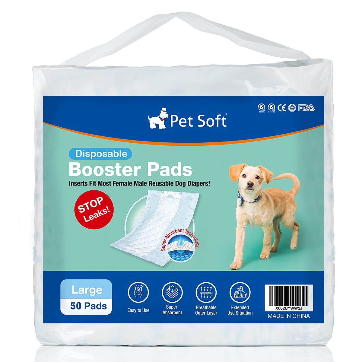 Pet Soft Dog Diaper Liners - Disposable Dog Diaper Booster Pads For Male & Female Dogs Fit Most Dog Wraps And Belly Bands Large 50Ct