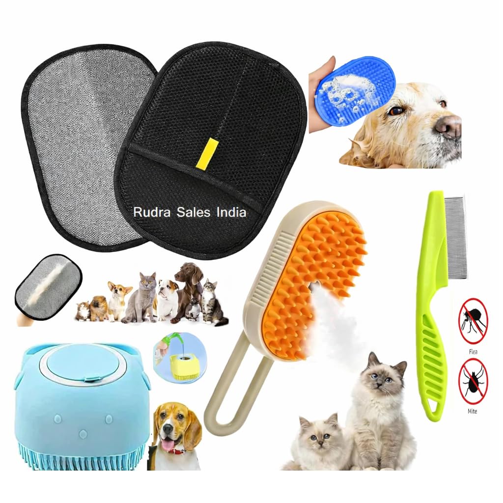 Rudra Sales India Pet Grooming Combo, Steam Brush, Silicone Bath Brush, Massage Glove, Flea And Mite Comb, 5In1 Set For Dogs A
