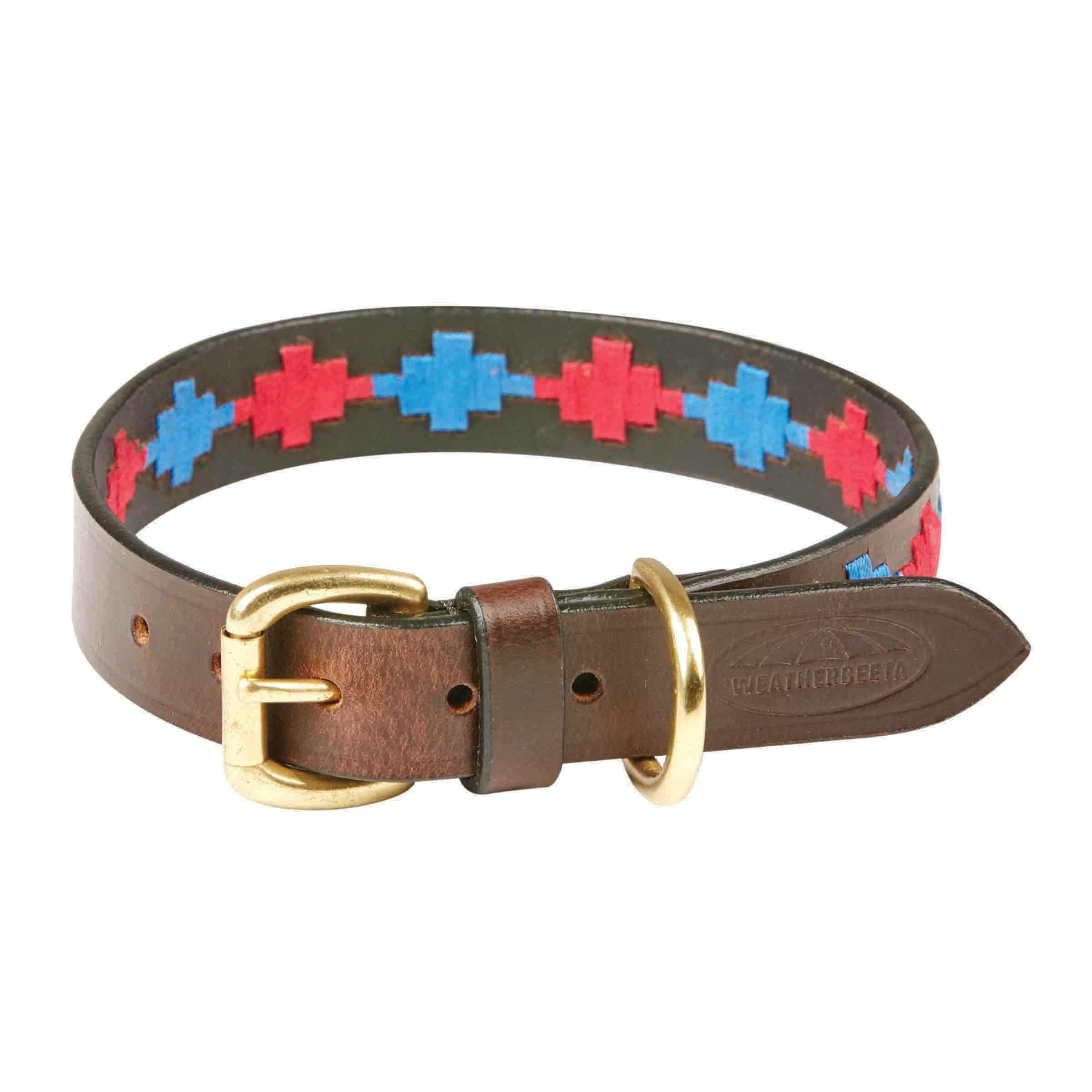 Weatherbeeta Polo Leather Dog Collar, Beaufort Brown/Pink/Blue, Extra Small