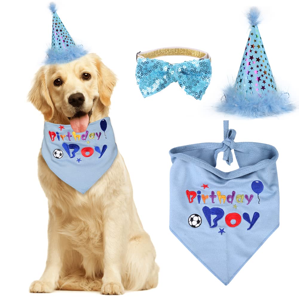 Dog Birthday Bandana With Party Hat Bow Pet Set Triangle Scarf Supplies Blue For Boy Puppy