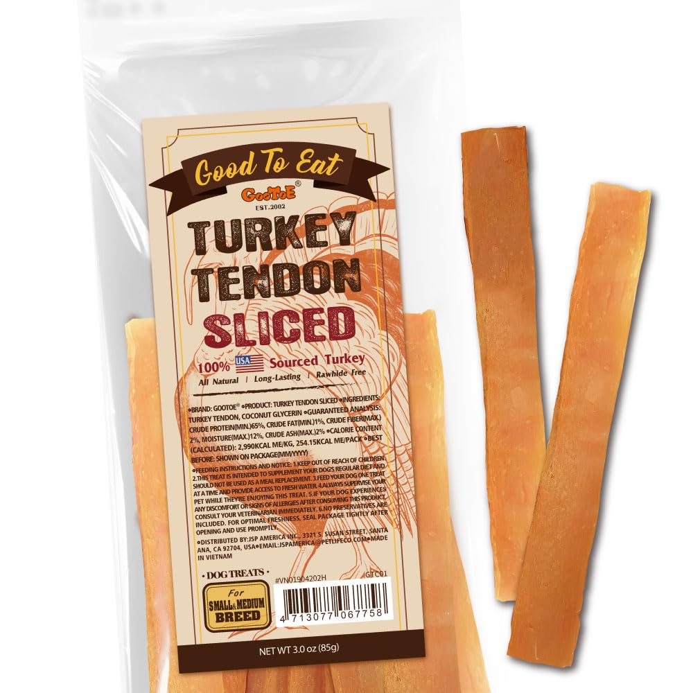 Gootoe Turkey Tendon Dog Treats, Sliced (M) 3oz, 100% USA-Sourced Turkey, Natural Snack, Premium Puppy Chews, Hypoallergenic, Ra