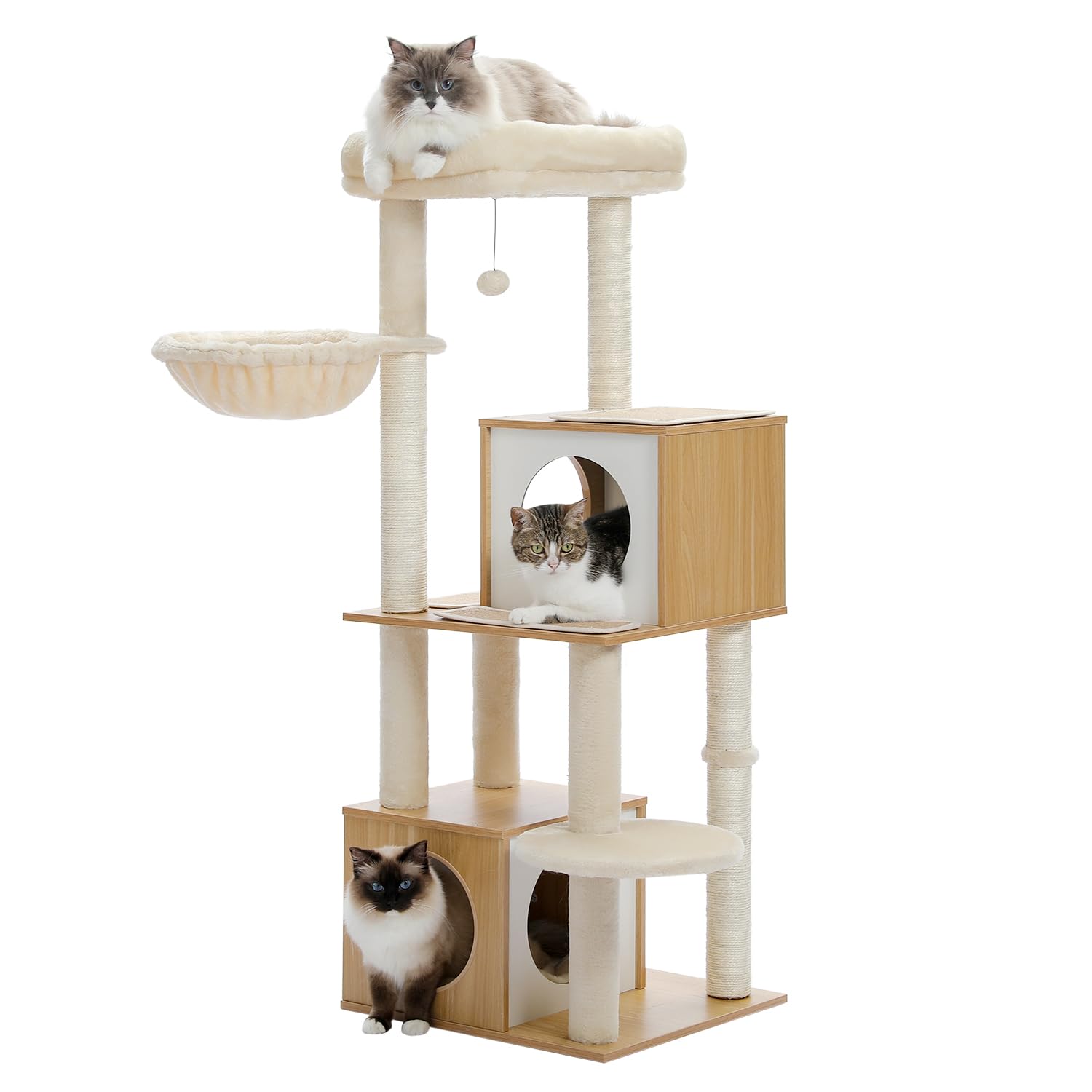 PAWZ Road Large Cat Tree, 51 Inches Wooden Cat Tower with Double Condos, Spacious Perch,Soft Hammock and Totally Wrapped Sisal P