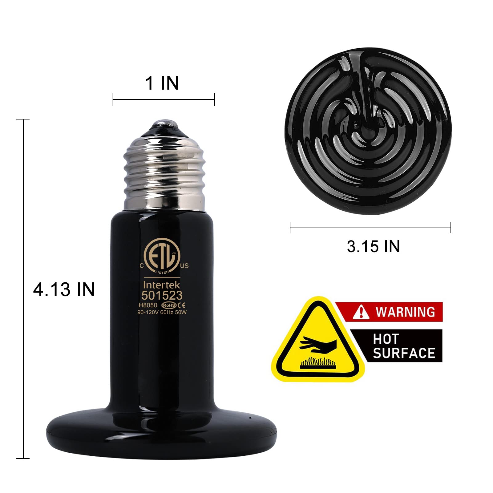 Fiveage 50W Ceramic Heat Emitter Che Bulb Reptile Heat Lamp No Light Emitted Pet Brooder Coop Heater Heat Bulb Black-2 Pack