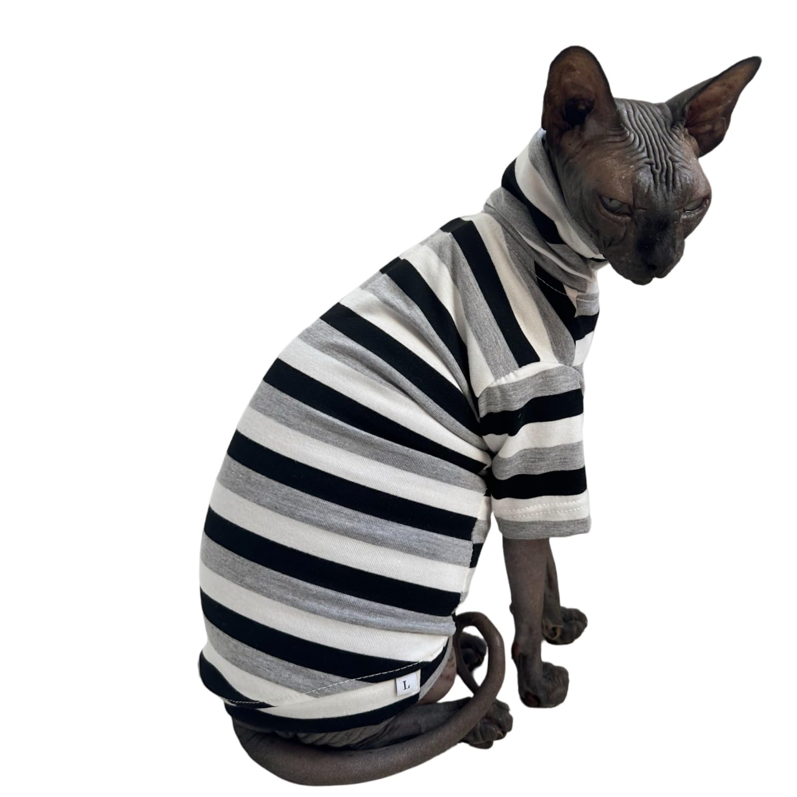 Vintage Stripes Sphynx Hairless Cats Shirt Cotton Cat Turtleneck Pet Clothes Kitten T-Shirts With Sleeves For Sphynx Cats (Black