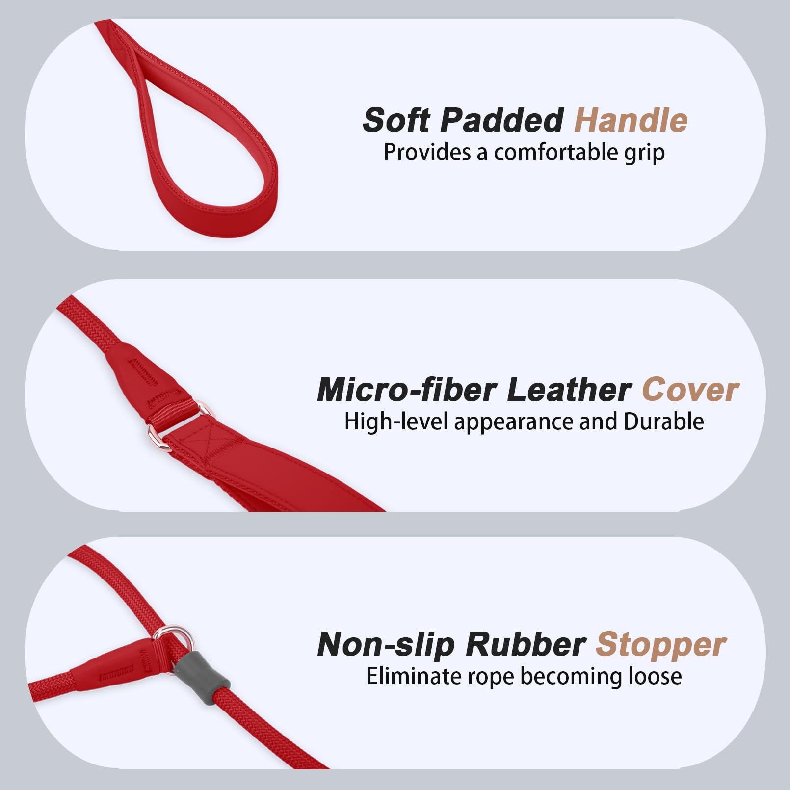 Aaufilux Slip Lead Dog Leash, Double Handle, Soft Leather, Heavy Duty Nylon, No Pull Walking, 5Ft Red