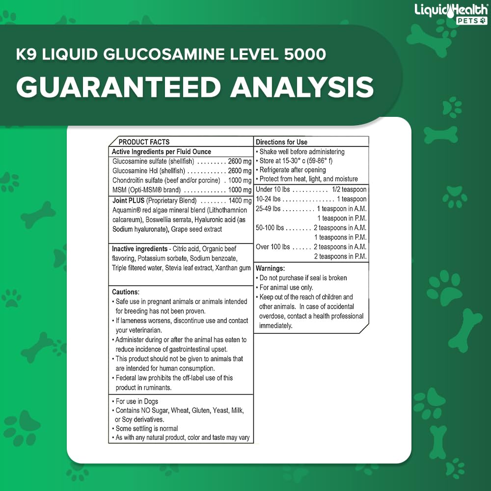 LIQUIDHEALTH Pets K9 Liquid Glucosamine Level 5000 for Large Breeds with Chondroitin, MSM - Pet Joint Health Supplements, Dog Vi
