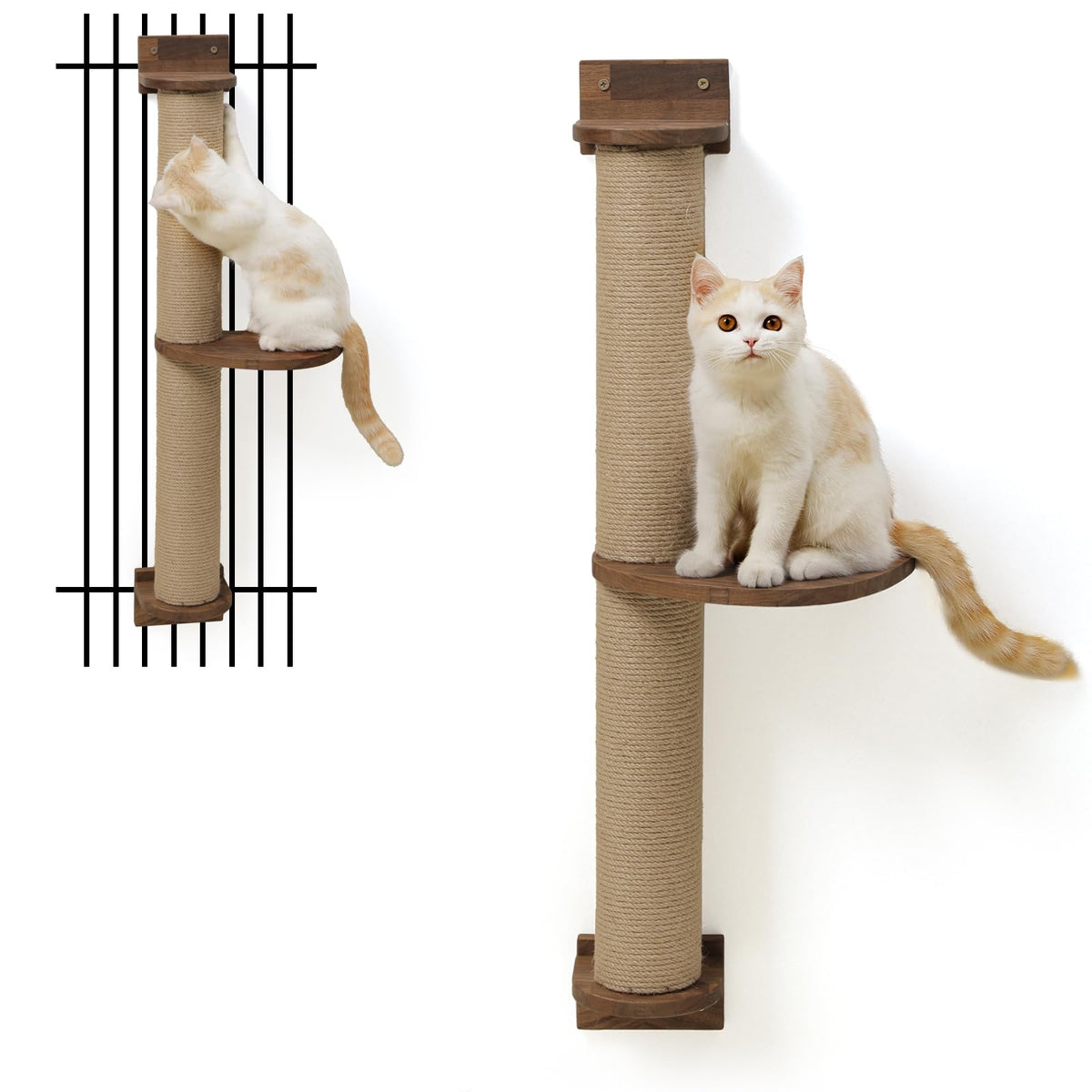 Fukumaru Cat Tree, Solid Walnut Wood Cat Wall Furniture, Black Cat Wall Shelves With Scratching Posts And Pedal (Cat Activity Tree-Updated)