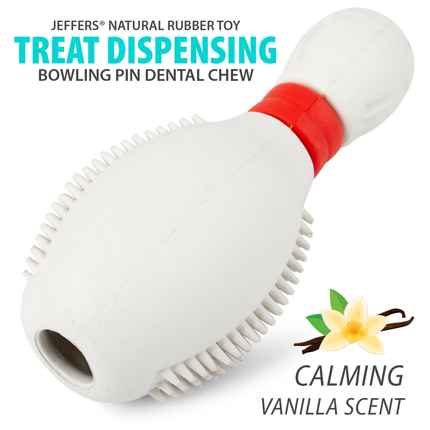 Jeffers Pet Natural Rubber Dog Chew Toy - Dental Bowling Pin, Medium - Treat Dispensing, Vanilla Scent, Durable, Non-Toxic, Dish