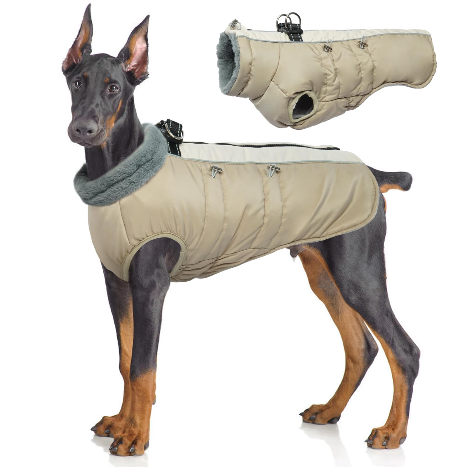 Idomik Warm Dog Coat With Built-In Harness,Dog Winter Coat,Dog Cold Weather Coats Zipper,Water-Repellent Dog Jackets Thicken Dog