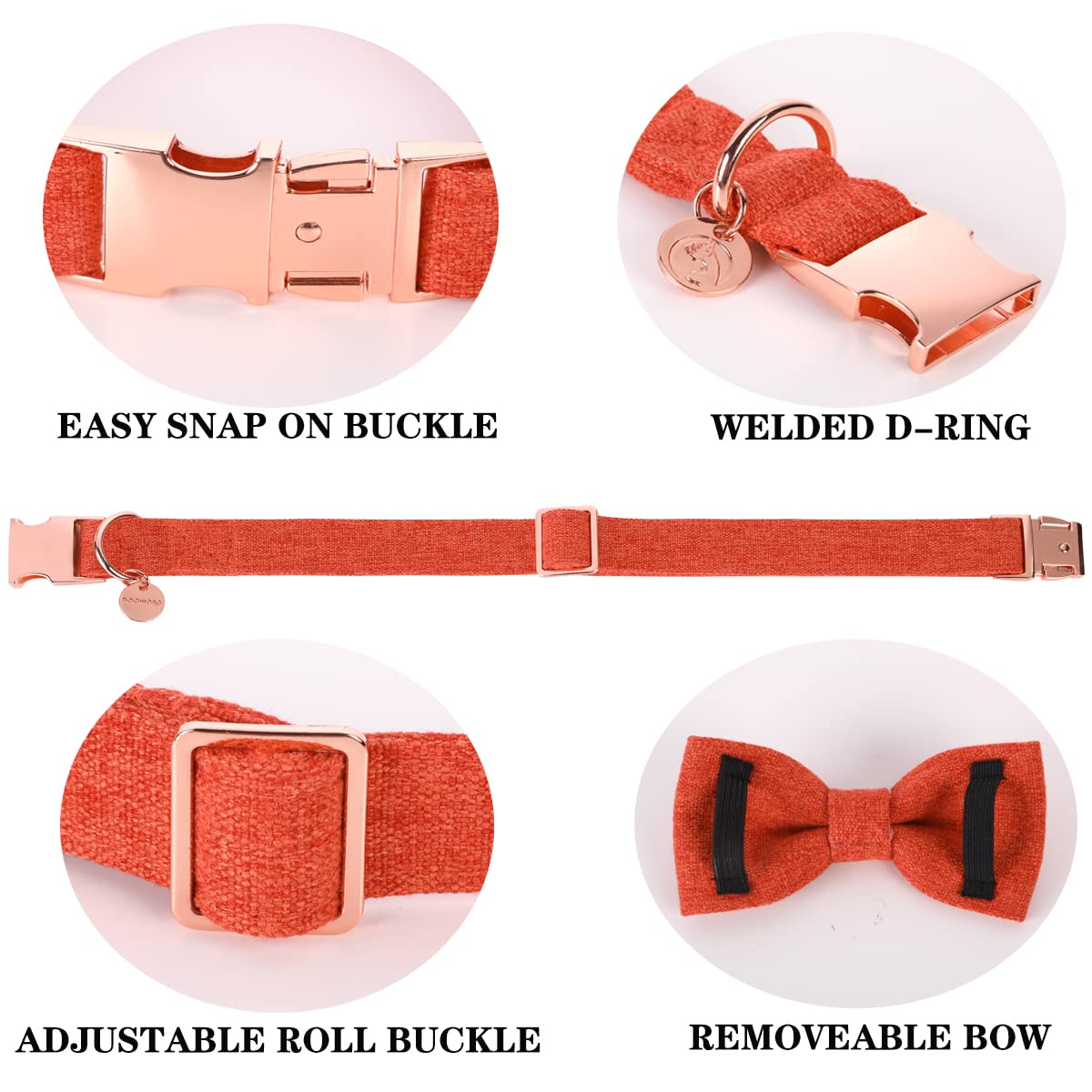 Dogwong Cotton Dog Collar With Bow, Orange Pet Collar Wedding Dog Collar Durable Adjustable Dog Collar For Small Medium Large Do