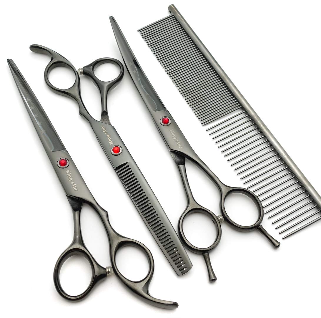 Kingstar 7.0In Professional Pet Grooming Scissors Set,Straight & Thinning & Curved Scissors 3Pcs Set With Comb For Dog Grooming,A419 (Black-Grey)