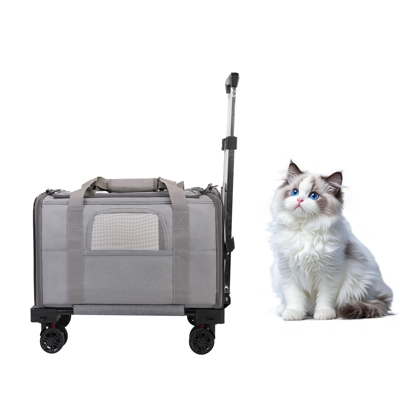Pet Carrier with Wheels - Soft-side Wheeled Cat Carrier for Dogs with Telescopic Handle, Collapsible Rolling Pet Travel Bag Carr