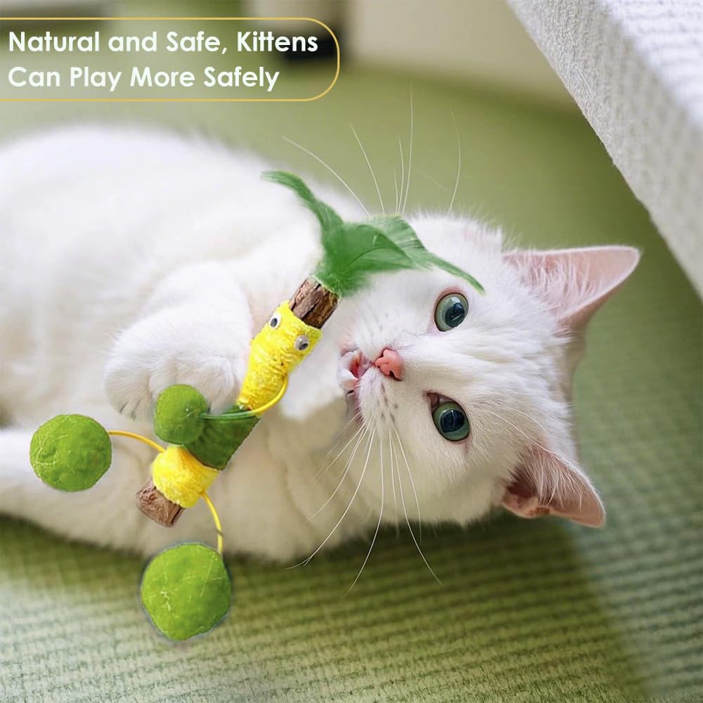 3 Pack Silvervine Sticks For Cats With Feather And Plush Ball,Creative Toy To Kill Time And Keep Fit Interactive ,Dental Toy For
