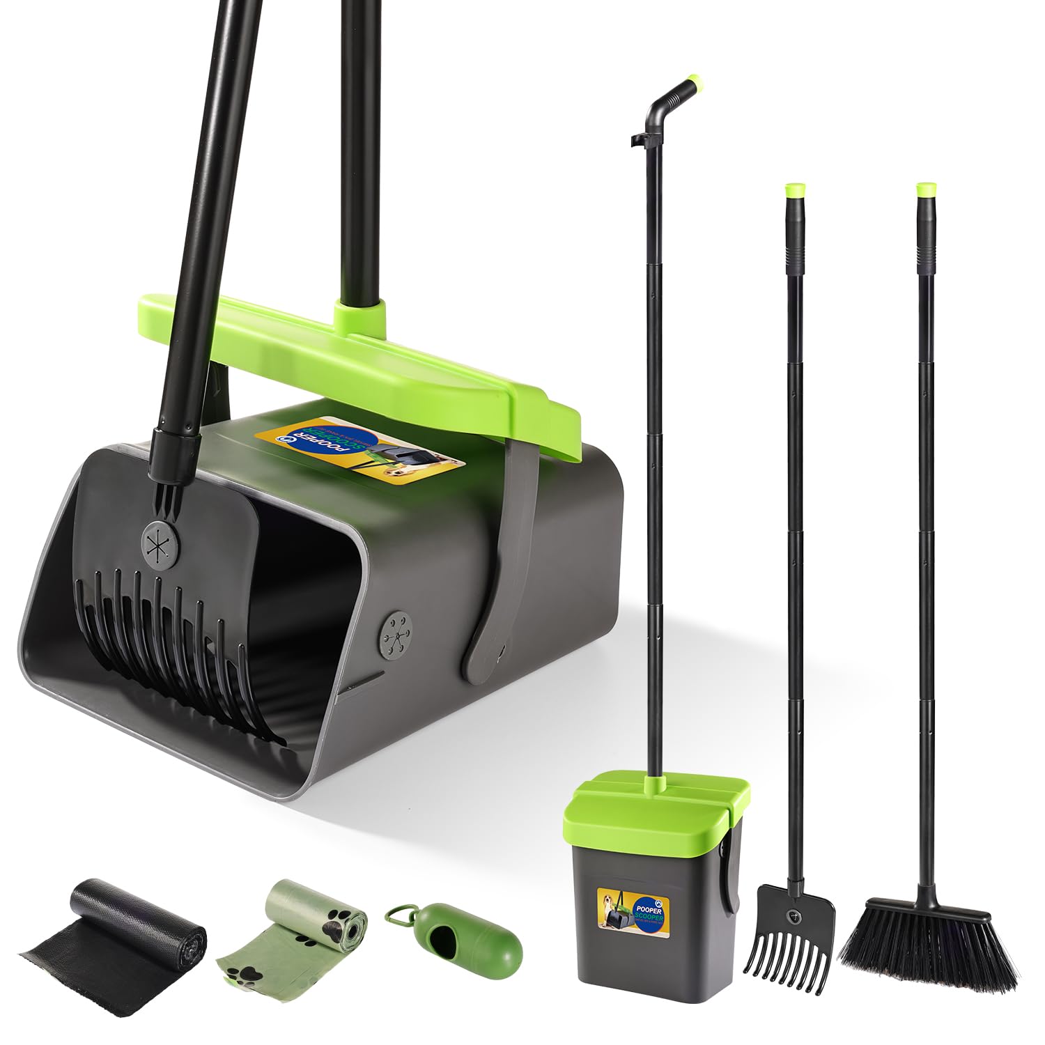 Pooper Scooper Swivel Bin & Rake Kit With Broom Set Of 3 For Large Medium Small Dogs With 46'' Long Metal Handle And 35 Waste Ba