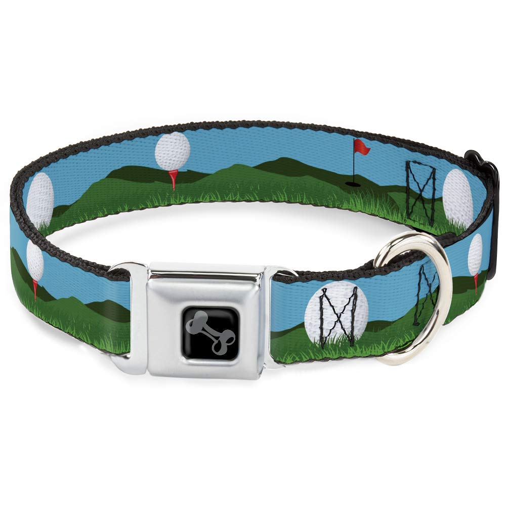 Dog Collar Seatbelt Buckle Golf Course Balls Holes Blues Greens 16 To 23 Inches 1.5 Inch Wide