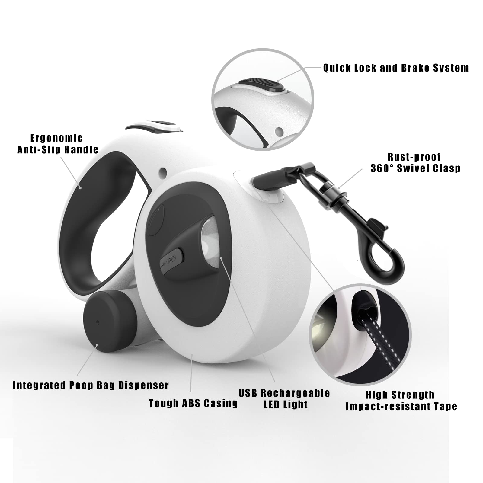 Hcy&Wld Upgrade 4-In-1 Retractable Dog Leash With Led Light & Dispenser & Poop Bags, 16 Ft Heavy Duty Dog Leash With Anti-Slip H