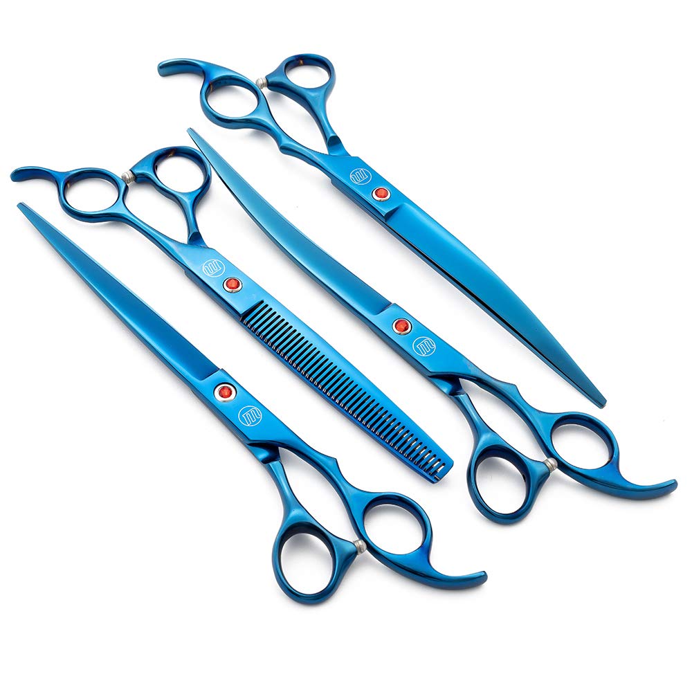 Moontay Professional 8.0' Dog Grooming Scissors Set, 4-Pieces Straight, Upward Curved, Downward Curved, Thinning/Blending Shears For Dog, Cat And Pets, Jp Stainless Steel, Blue
