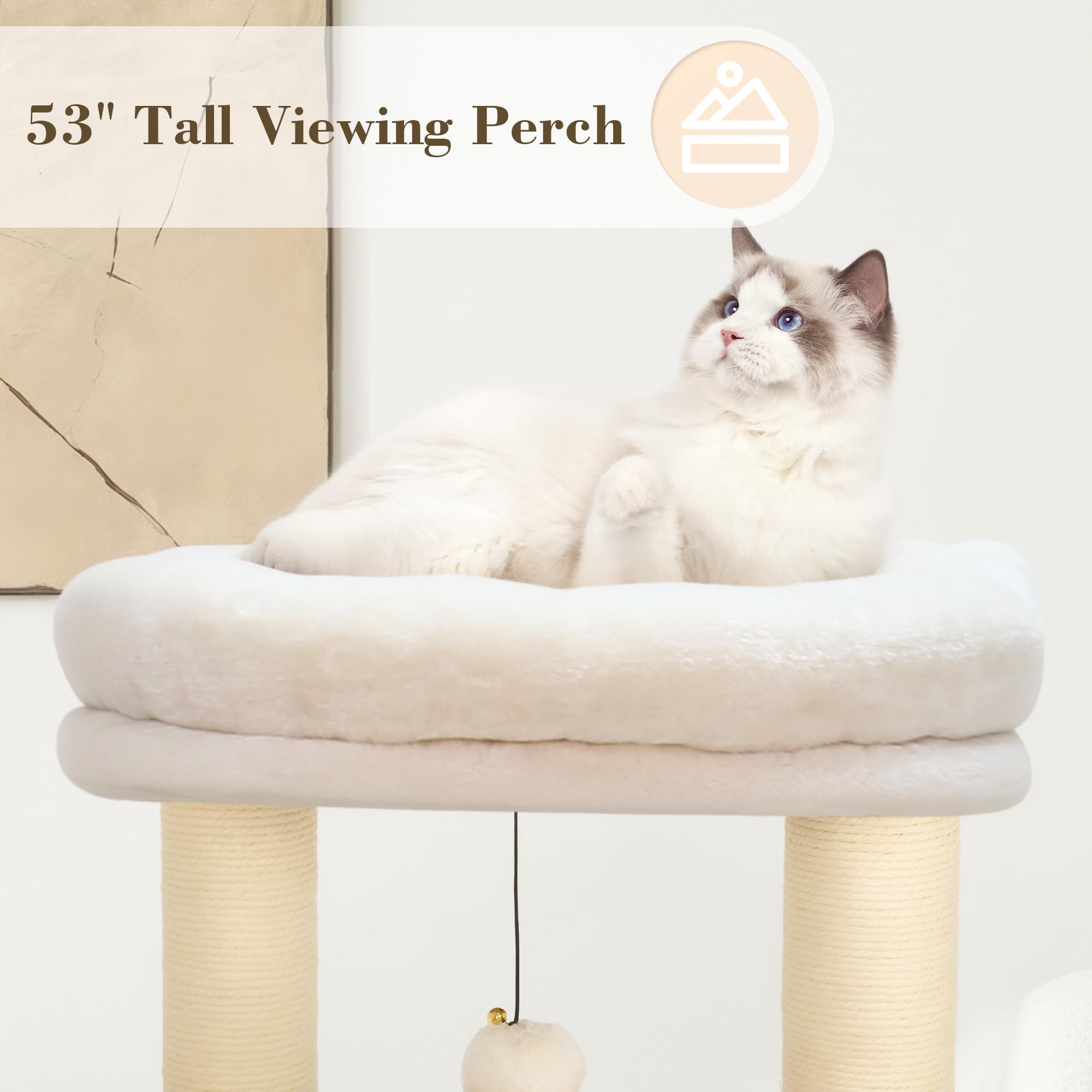 KAMABOKO Modern Cat Tree - 53" Tall Indoor Cat Condo, Hand-Woven Tower, Natural Sisal Scratching Posts, White