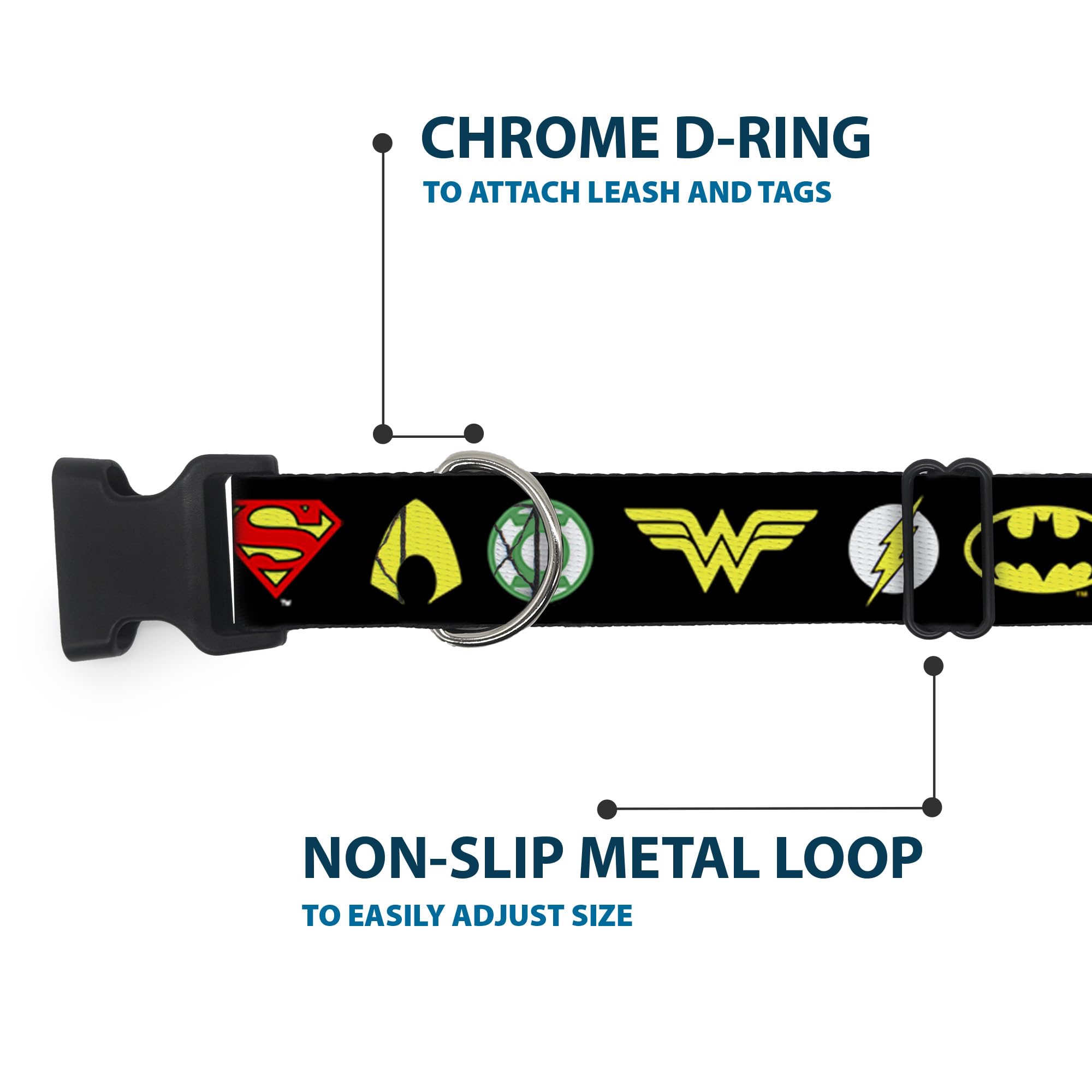 Dog Collar Plastic Clip Justice League 6 Superhero Logos Black 13 to 18 Inches 1.5 Inch Wide