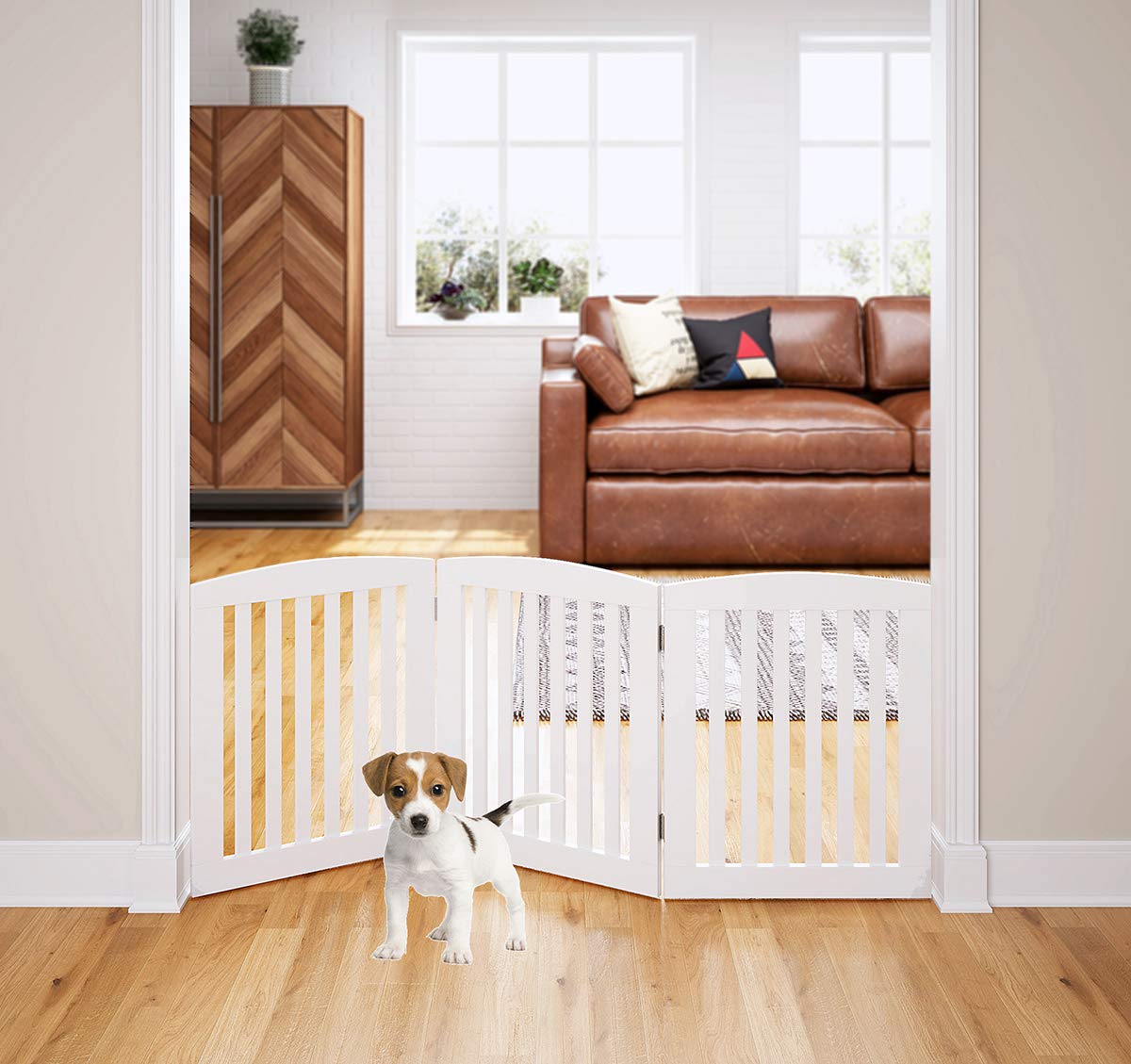 PAWLAND Wooden Foldable Pet Gate for Dogs - 24 Height, 3 Panels, Freestanding Step Over Fence, Extra Wide, White