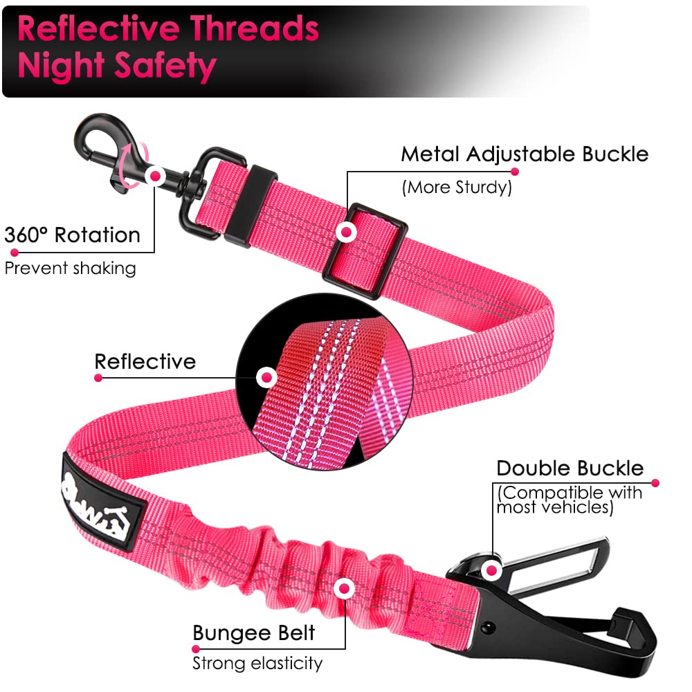 Slowton 2 Pack Dog Seat Belt, 2 In 1 Attachment, Hook Latch Bar Or Seatbelt Buckle With Elastic Nylon Bungee Buffer Adjustable Reflective Nylon Safety Belt Tether Connect To Dog Harness (2Pack-Fl)