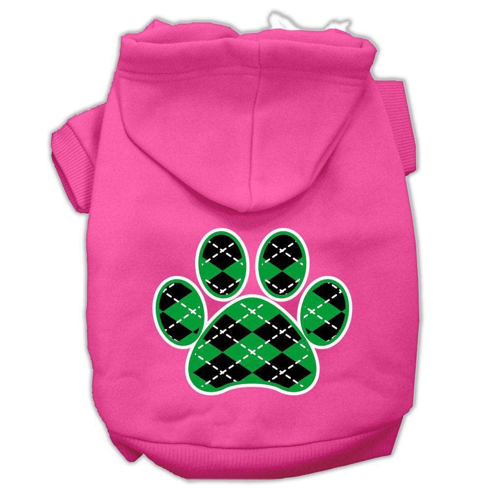 Pet Dog & Cat Hoodie Screen Printed, Green Argyle Paw Bright Pink SM (3-6 lbs.)