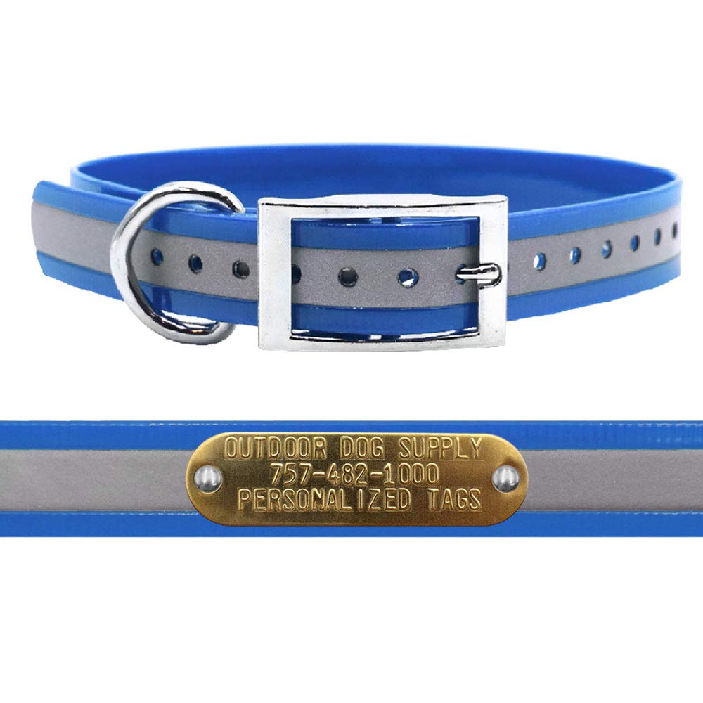 Outdoor Dog Supply's 1'' Wide Reflective D Ring Dog Collar Strap with Custom Brass Name Plate (18'' Long, Reflective Light Blue)