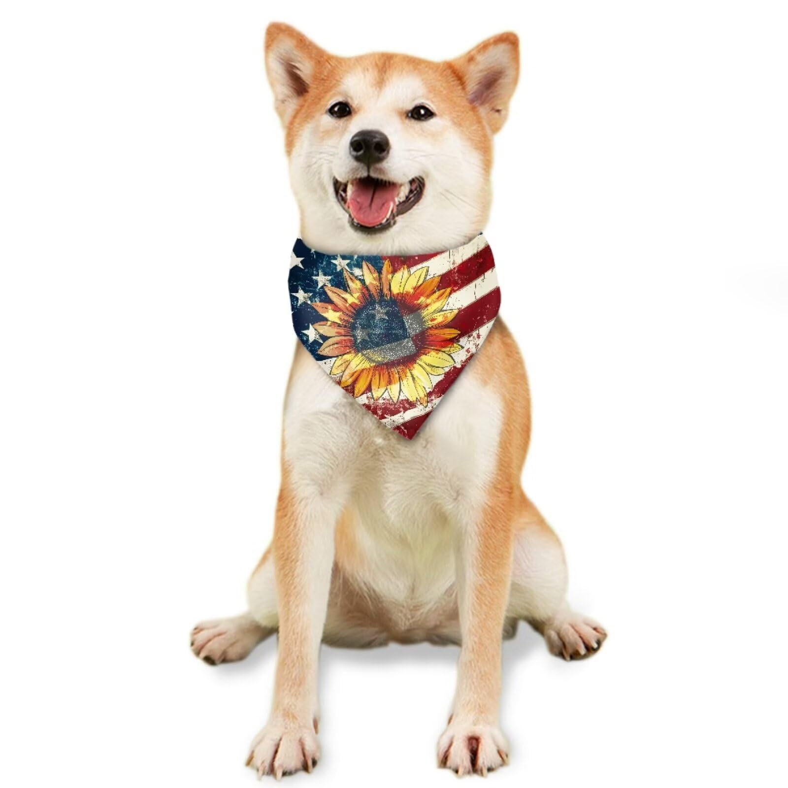 Jeiento Retro Sunflower American Flag Dog Bandana Us Flags Dog Scarf For Boy Girl Triangle Reversible Pet Scarf Independence Day