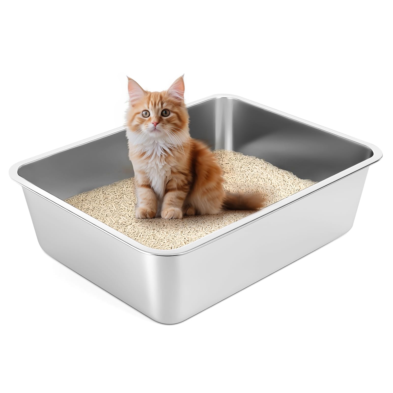 Yoiles Stainless Steel Cat Litter Box With High Sides, Extra Large Open Metal Litter Pan, Easy To Clean, Rust Proof, Non Stick, 