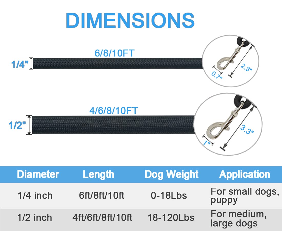 Maypaw 4/6/8/10 Ft Dog Leash, Classic Solid Colors, Strong Nylon Rope Dog Leash Reinforced With Leather Tailor Connection Heavy