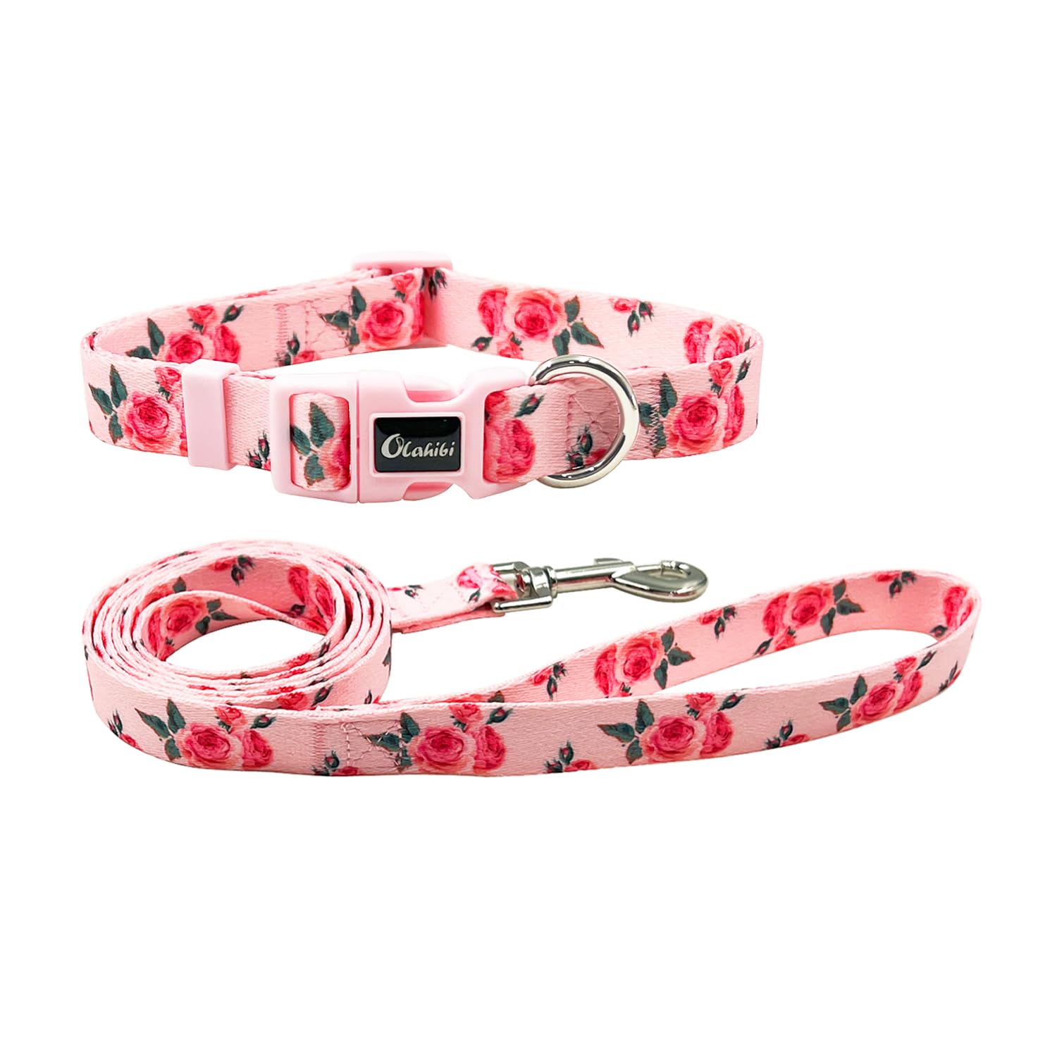 Olahibi Dog Collar And Leash Set, Cute Rose Pattern, Polyester Material, 5Ft Leash, For Medium Dogs.(Medium,Pink Rose)