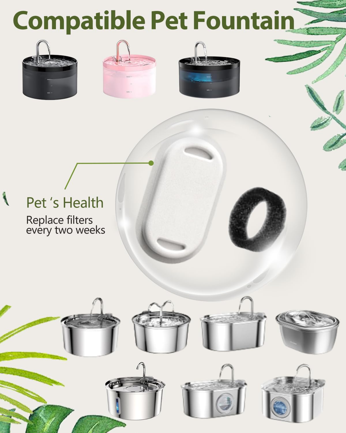 Giotohun 16 Cat Water Fountain Filters, 8 Pieces Filters + 8 Pieces Foam Filters For Cat Fountains, Filtering Hair (Sponge), Tri