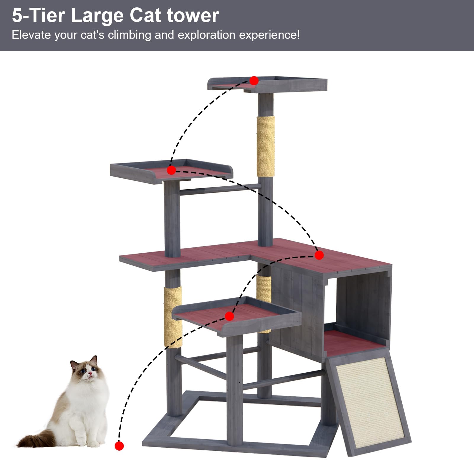 GDLF Outdoor Cat Tree, 67 Weatherproof Wood Cat Tree Tower for Large Cats with Condo and Scratching Posts, Perches