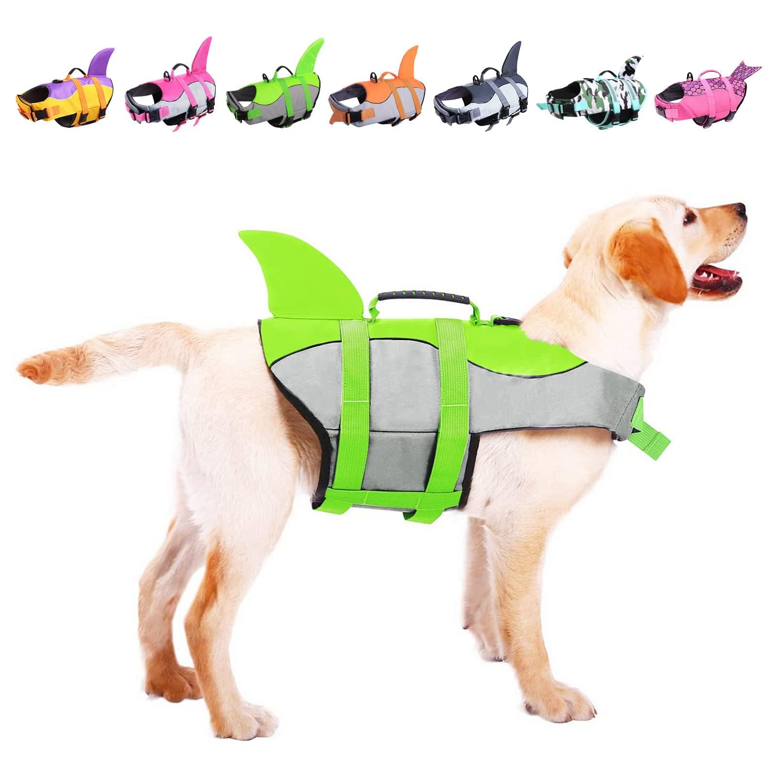Asenku Dog Life Jacket Pet Life Safety Vest For Swimming Boating, Dog Shark Life Jackets Dog Lifesavers Swimsuits For Pool, Dog Water Floatation Vest For Small Medium Large Dogs, Green, Medium